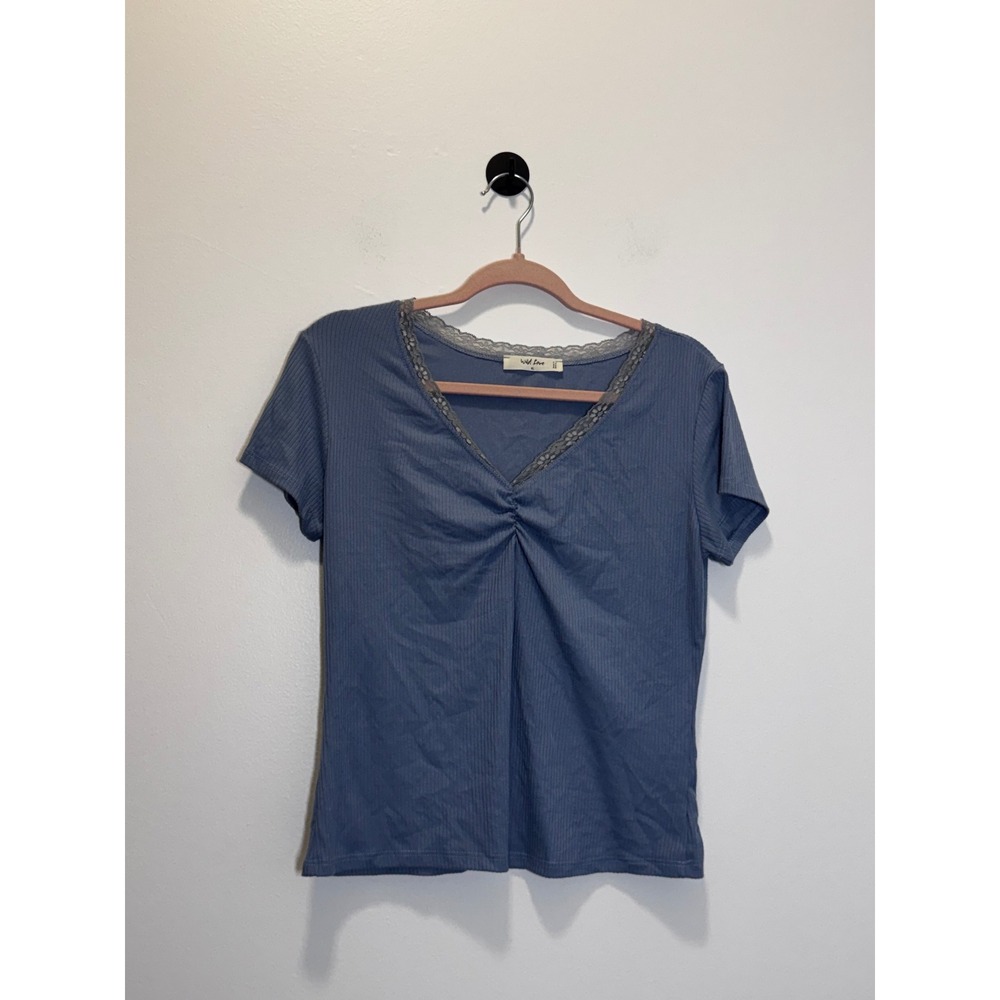 Wild Love Womens XL Blue Ribbed V-Neck Lace Trim Ruched Short Sleeve Top
